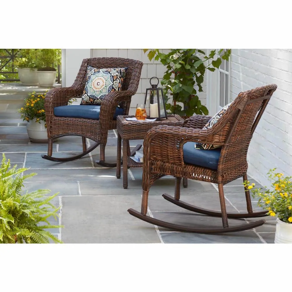 Hampton Bay Cambridge Brown Wicker Outdoor Patio Rocking Chair with CushionGuard Midnight Navy Blue Cushions 65-17148BR