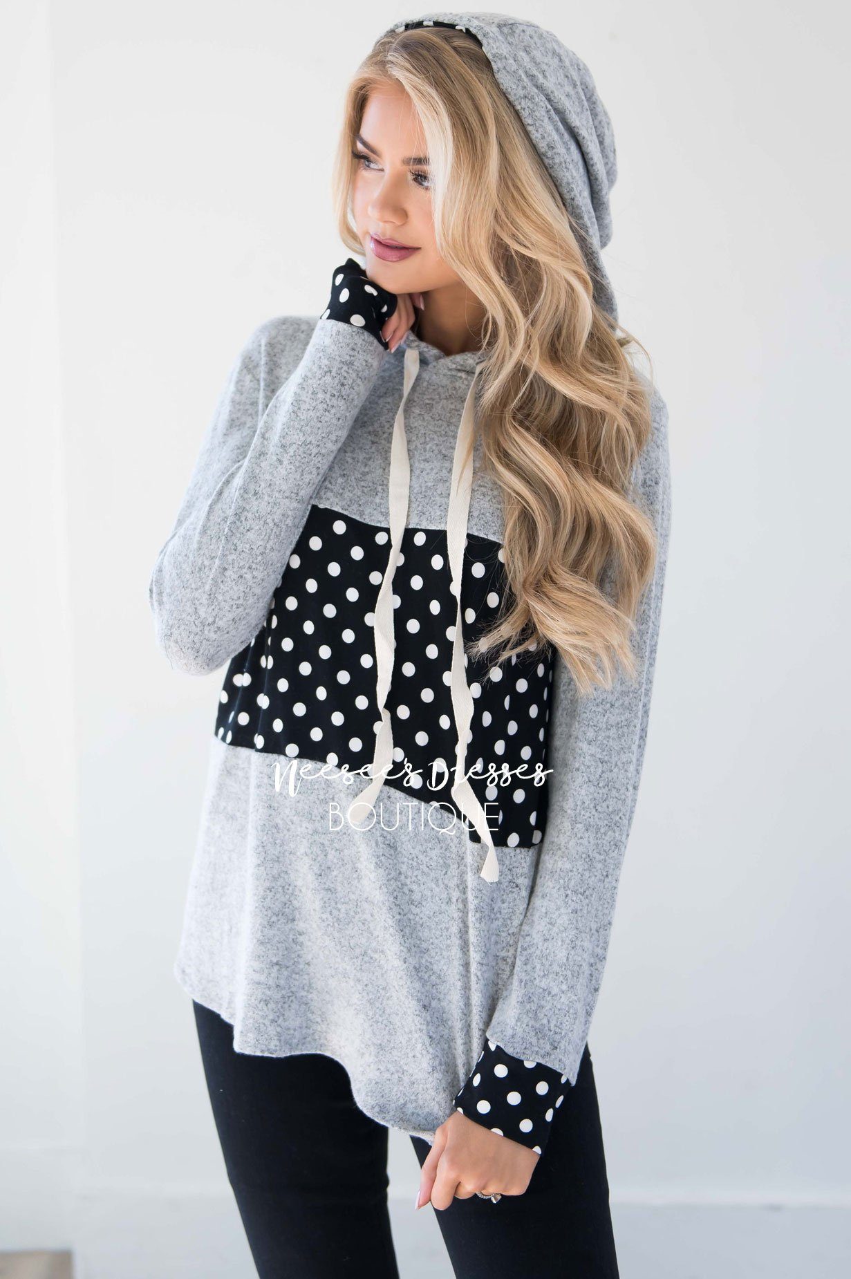 Soft Gray Hoodie with Black & White Polka Dots