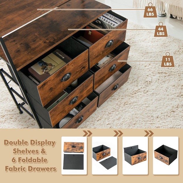 Costway 6 drawer Dresser 2 tier Fabric Storage Tower W wooden Top Chest Organizer Unit