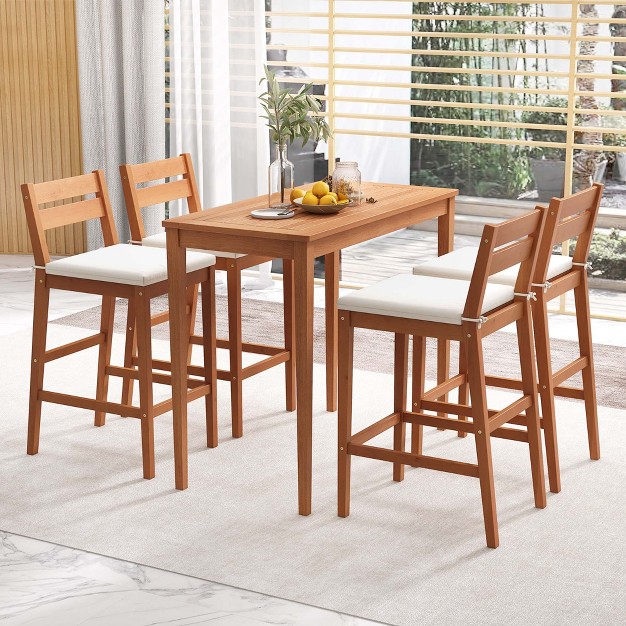 Costway 5 Pcs Patio Eucalyptus Wood Bar Set Bar Height Dining Table amp 4 Cushioned Chairs