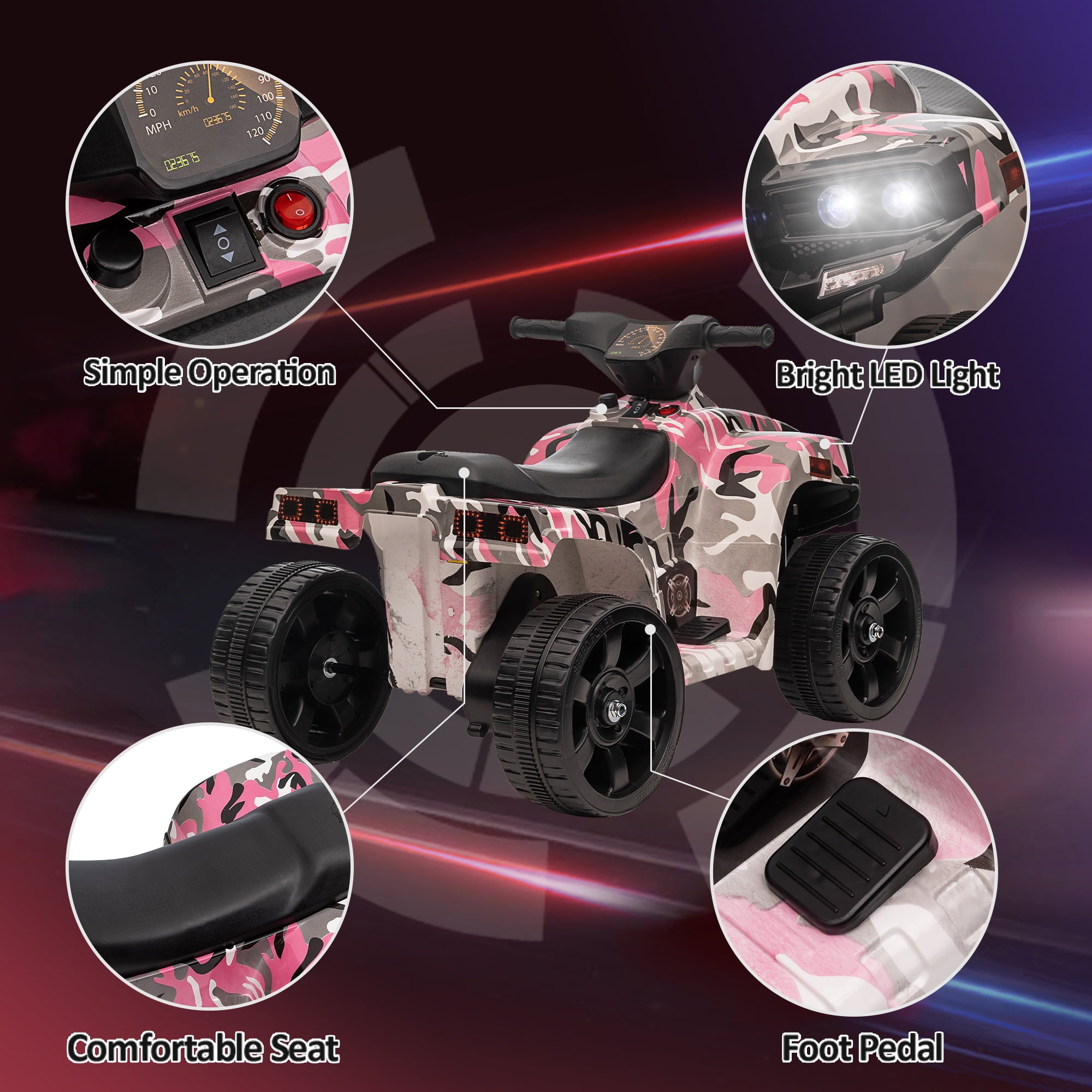 TOBBI 6V Electric Kids Ride on ATV Quad Car 4 Wheeler Ride on Toy W/ LED Headlight, Horn, Speed Indicator, Pink Camouflage