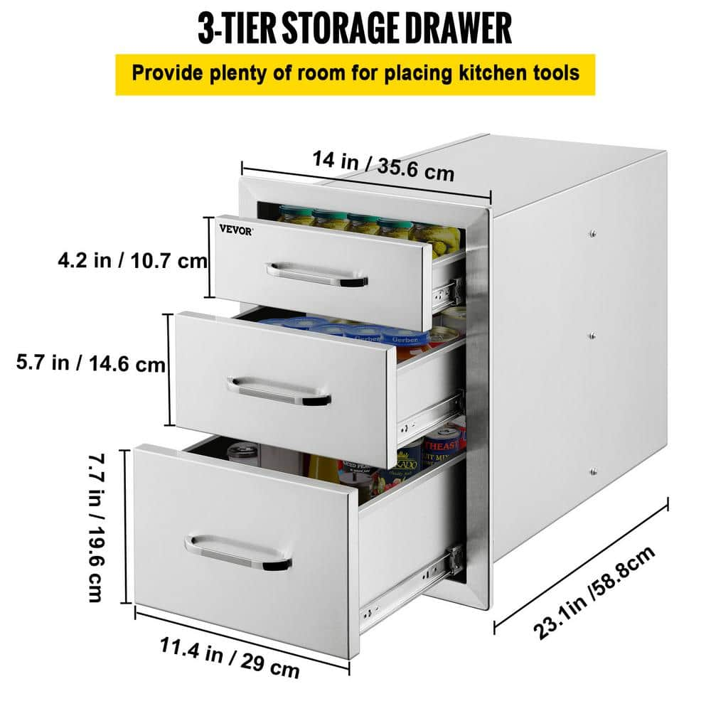 VEVOR 14 in. W x 20.3 in. H x 23 in. D Outdoor Kitchen Drawers Flush Mount Triple Drawers Stainless Steel Access Drawer 20.25X14YC3CBXGCTV0