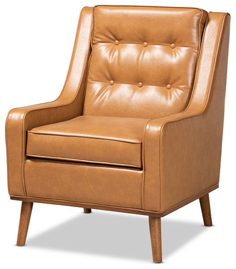 Plackett Modern Contemporary Tan Faux Leather and Walnut Brown Wood Armchair   Midcentury   Armchairs And Accent Chairs   by Baxton Studio  Houzz