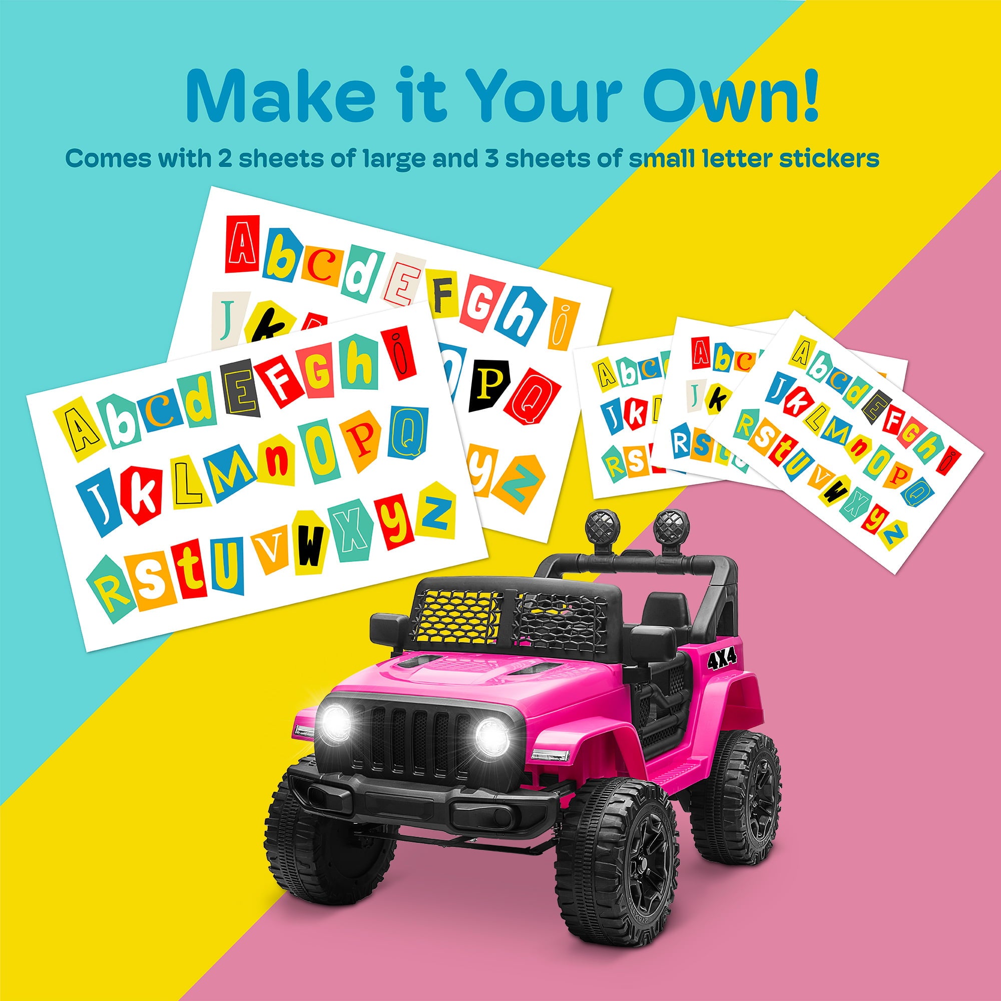 Kidzone 12V Battery Powered Electric Ride-on SUV Toy Vehicle for Boys & Girls, DIY License Plate, 4 Wheeler Quad Car, MP3, High Low Speeds, LED Lights, Bluetooth - Hot Pink