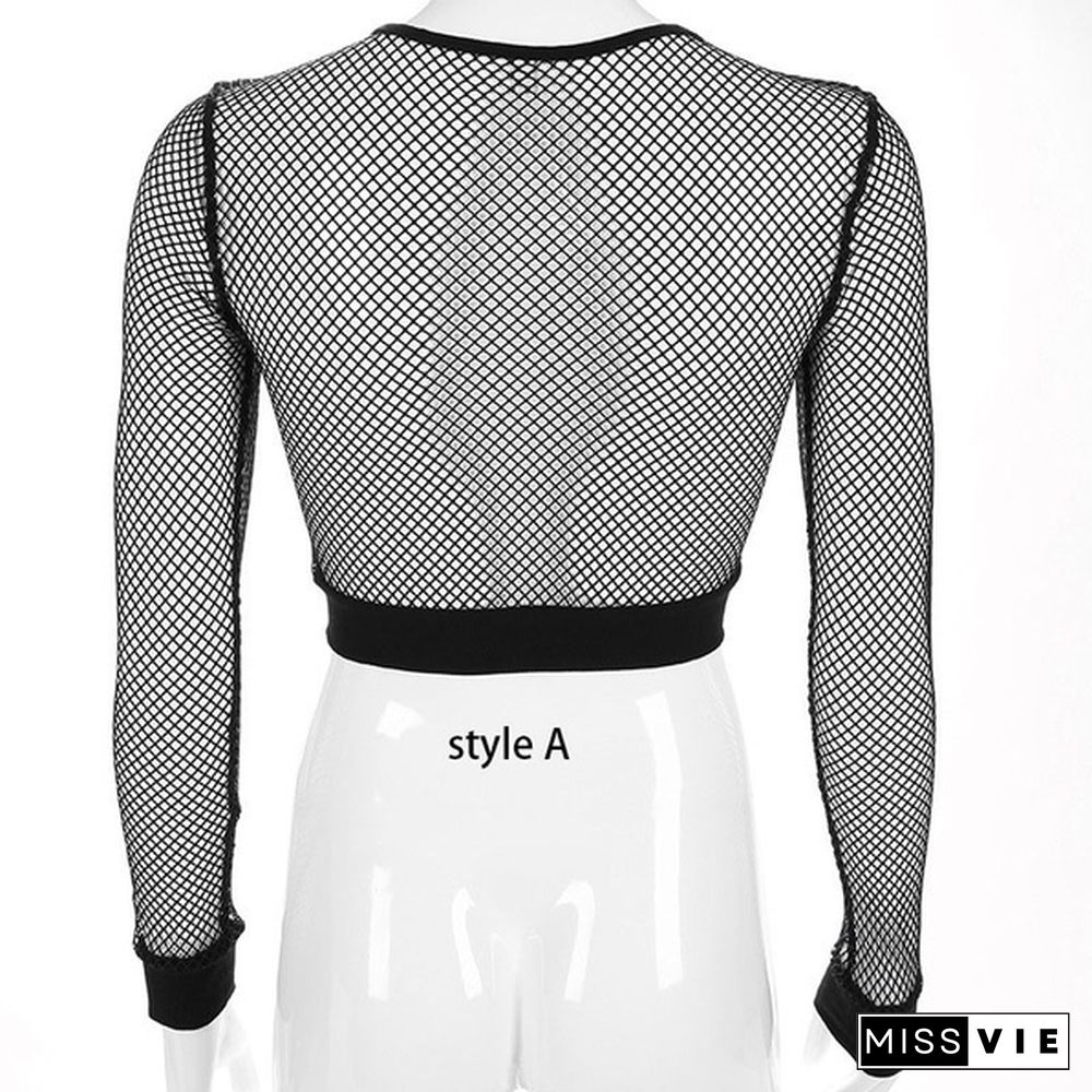 Women's Summer Fashion Black Fishnet Tops Sexy Hollow Long Sleeve Mesh Tops T-shirt Sheer Tops