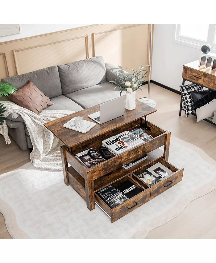 Costway Lift Top Coffee Table with 2 Storage Drawers andHidden Compartment