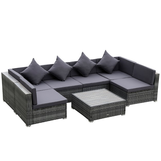 Outsunny 7 piece Outdoor Wicker Sofa Set Pe Rattan Sectional Furniture Patio Couch W Acacia Top Coffee Table amp Cushion For Garden Backyard