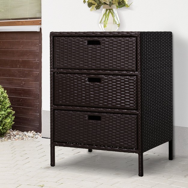 Outsunny Patio Wicker Pool Cabinet Pe Rattan Storage Cabinet Organizer Outdoor Towel Rack For Pool With 3 Large Drawers