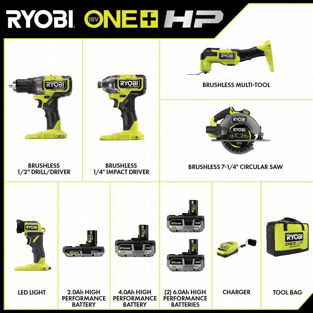 RYOBI ONE+ HP 18V Brushless Cordless 5-Tool Combo Kit w (2) Batteries Charger Bag  FREE (2) 6.0 HIGH PERFORMANCE Batteries PBLCK105K2-PBP2007