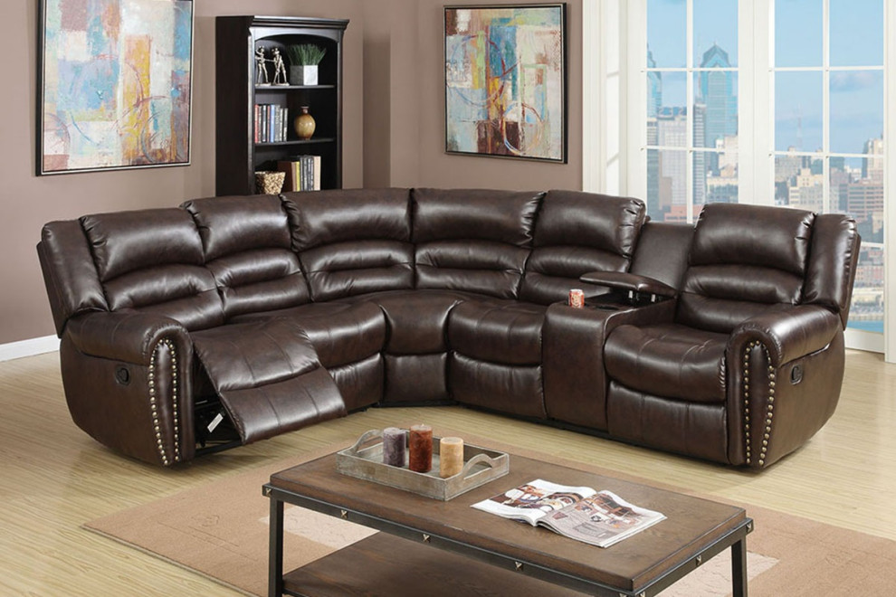 Agrigento Bonded Leather Motion Sectional Sofa Upholstered  Brown   Transitional   Sectional Sofas   by Hollywood Decor  Houzz