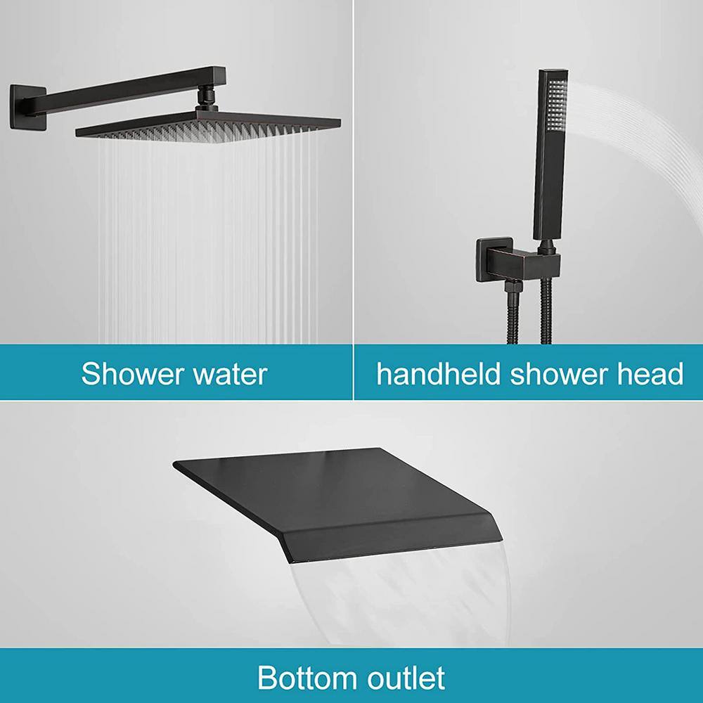 GIVING TREE 1-Spray 10 in. Square Rainfall Shower Head and Hand Shower with Bathtub Faucet in Matte Black (Valve Included) XLHDDFAR0025