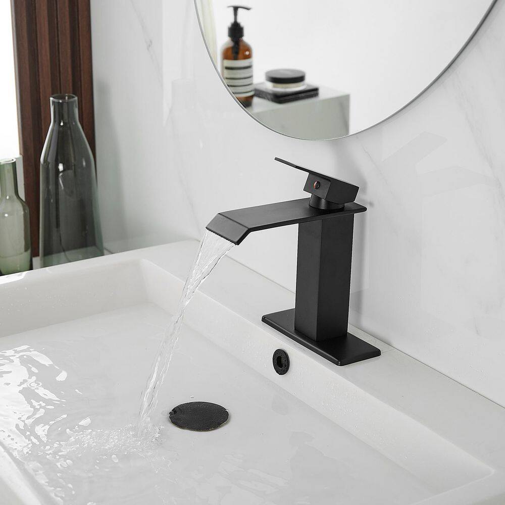 BWE Waterfall Single Hole Single-Handle Low-Arc Bathroom Faucet With Pop-up Drain Assembly in Matte Black A-96004-Black