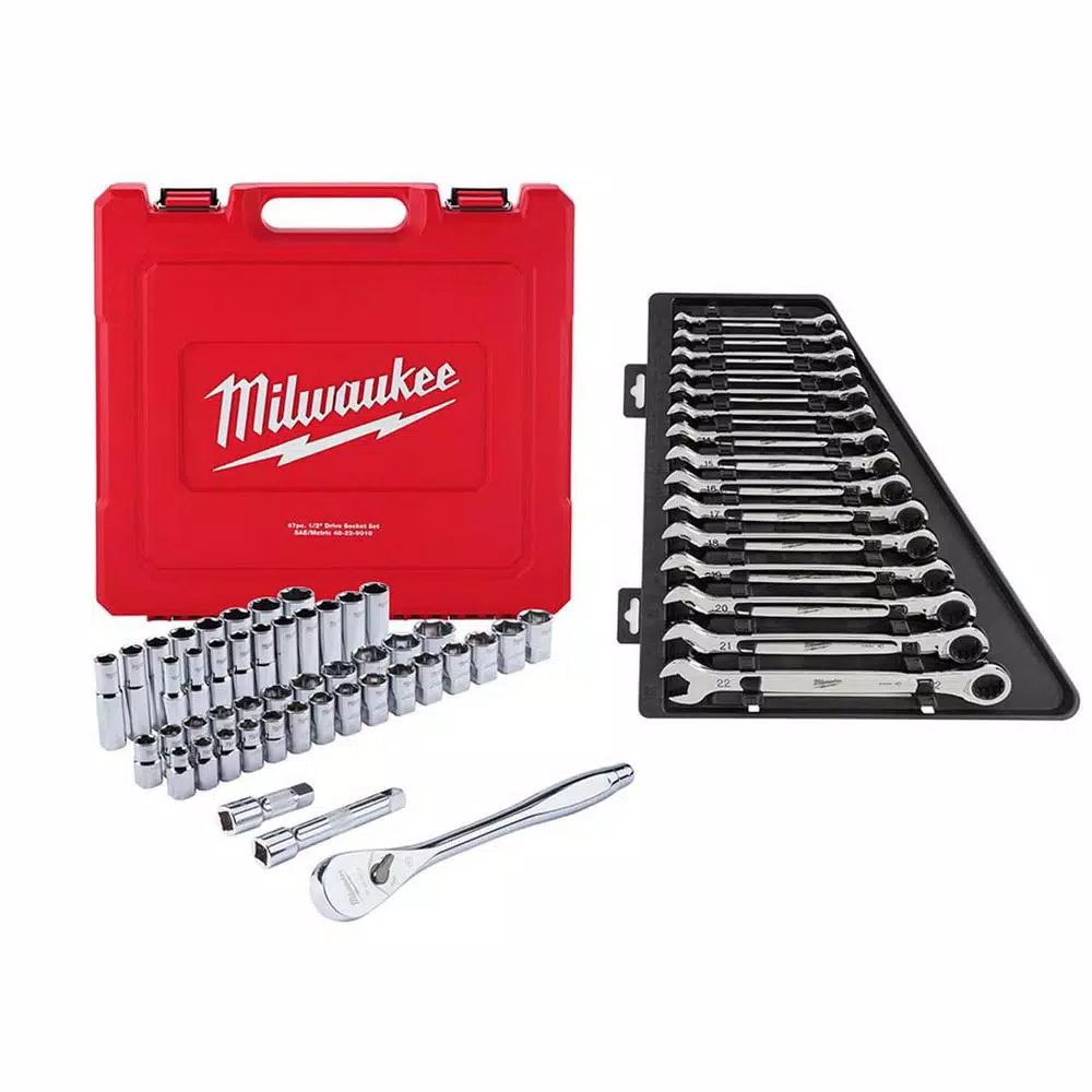 Milwaukee 1/2 in. Drive SAE/Metric Ratchet and Socket Mechanics Tool Set W/ Metric Combination Ratcheting Wrench Set (62-Piece) and#8211; XDC Depot