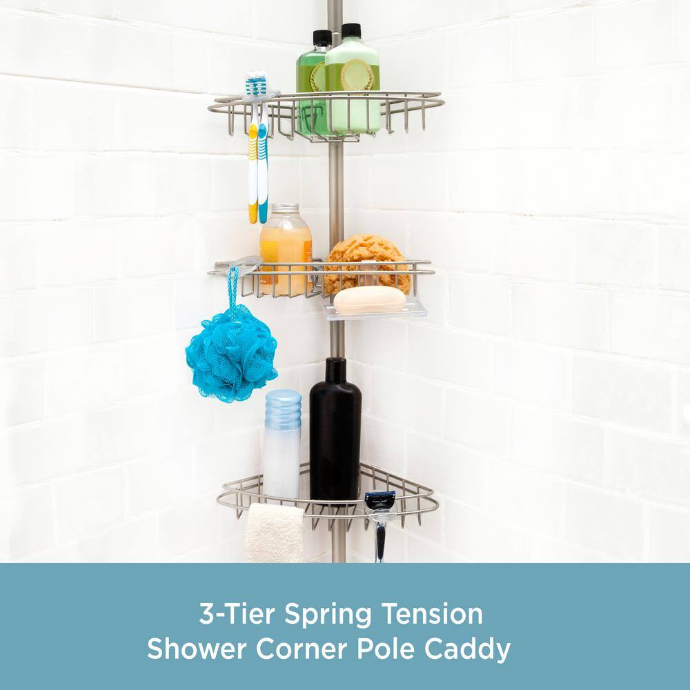 Kenney 3-Tier Stainless Steel Spring Tension Shower Corner Pole Caddy with Four Clip-on Hooks and Razor Holders in Satin Nickel KN61520V1