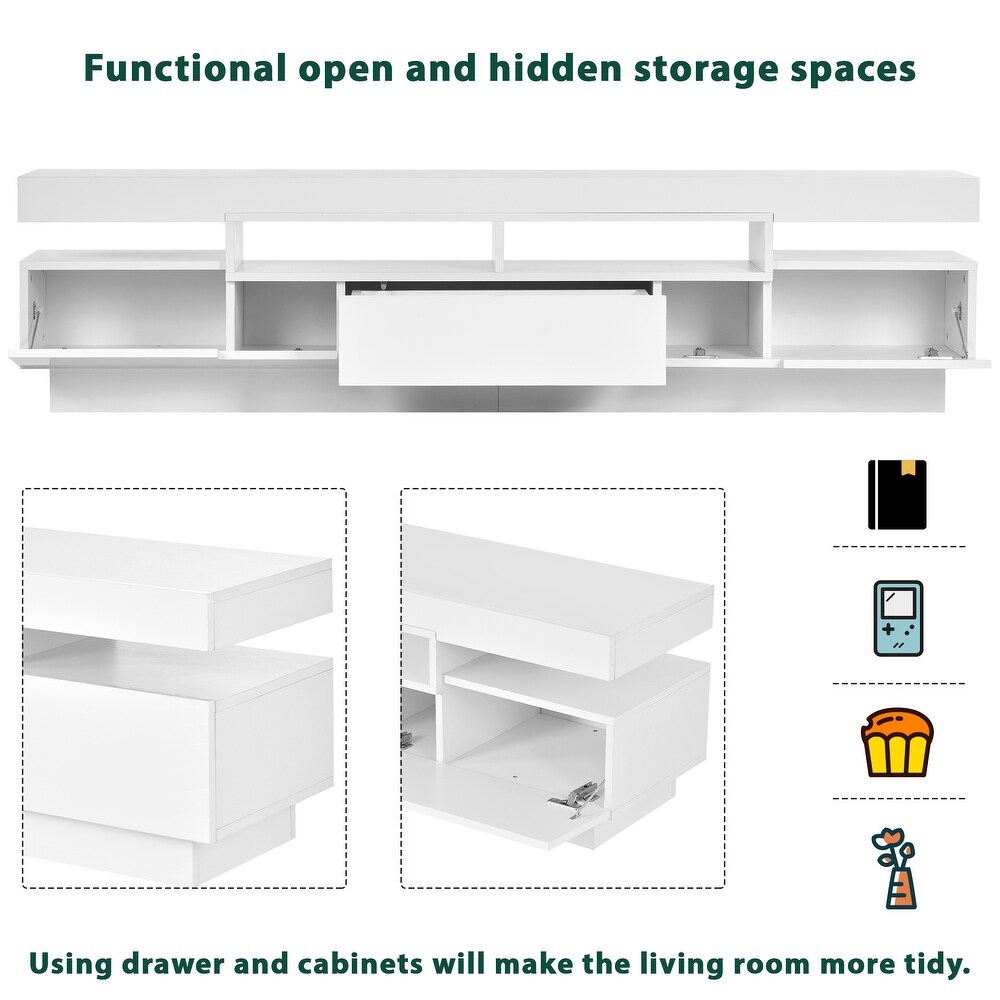 Modern White TV Stand High Gloss Entertainment Center with 4 Open Shelves for 75\