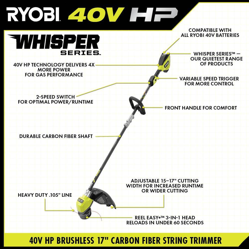 RYOBI 40V HP Brushless Whisper Series 17 in. Cordless Battery Carbon Fiber Shaft String Trimmer w 6.0 Ah Battery  Charger RY402110