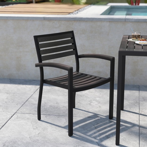 Flash Furniture 2 Pack All weather Black Aluminum Patio Stack Chairs Gray Wash Faux Teak Slats