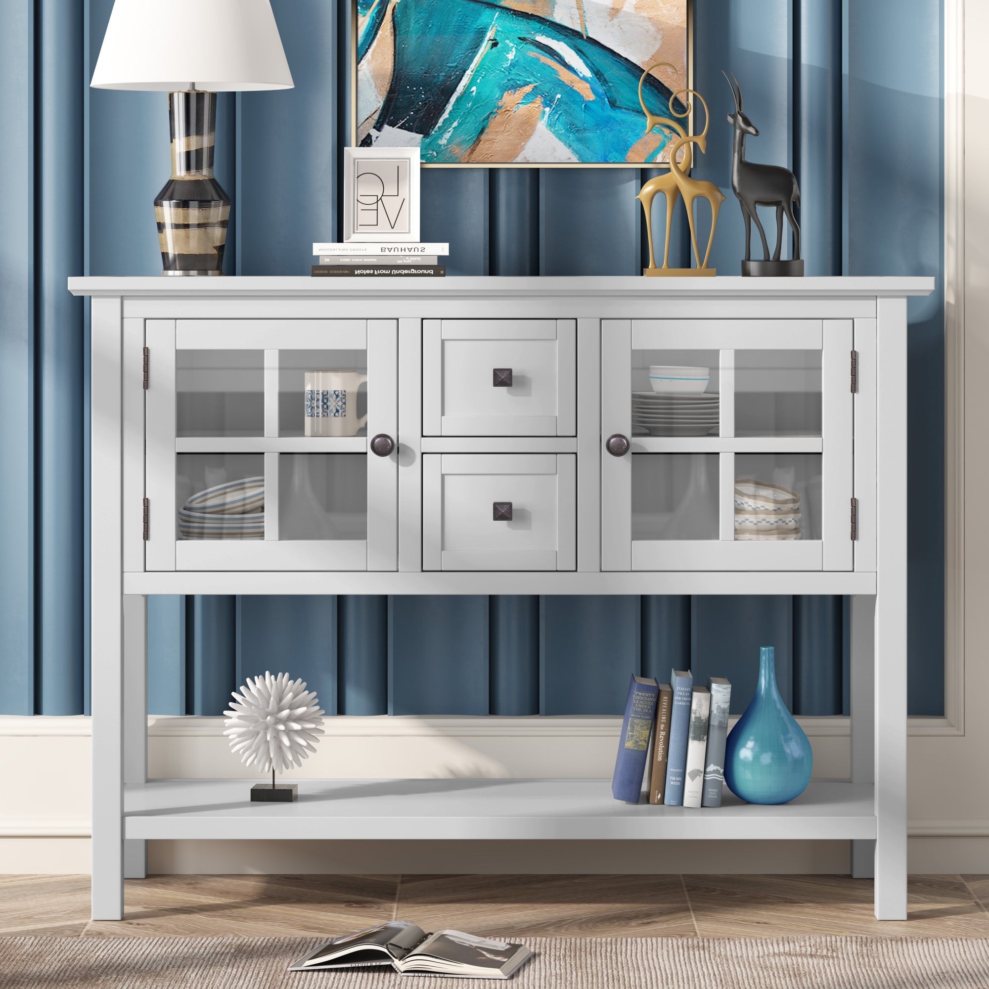 45'' Modern Console Table with 2 Drawers， 2 Cabinets and 1 Shelf