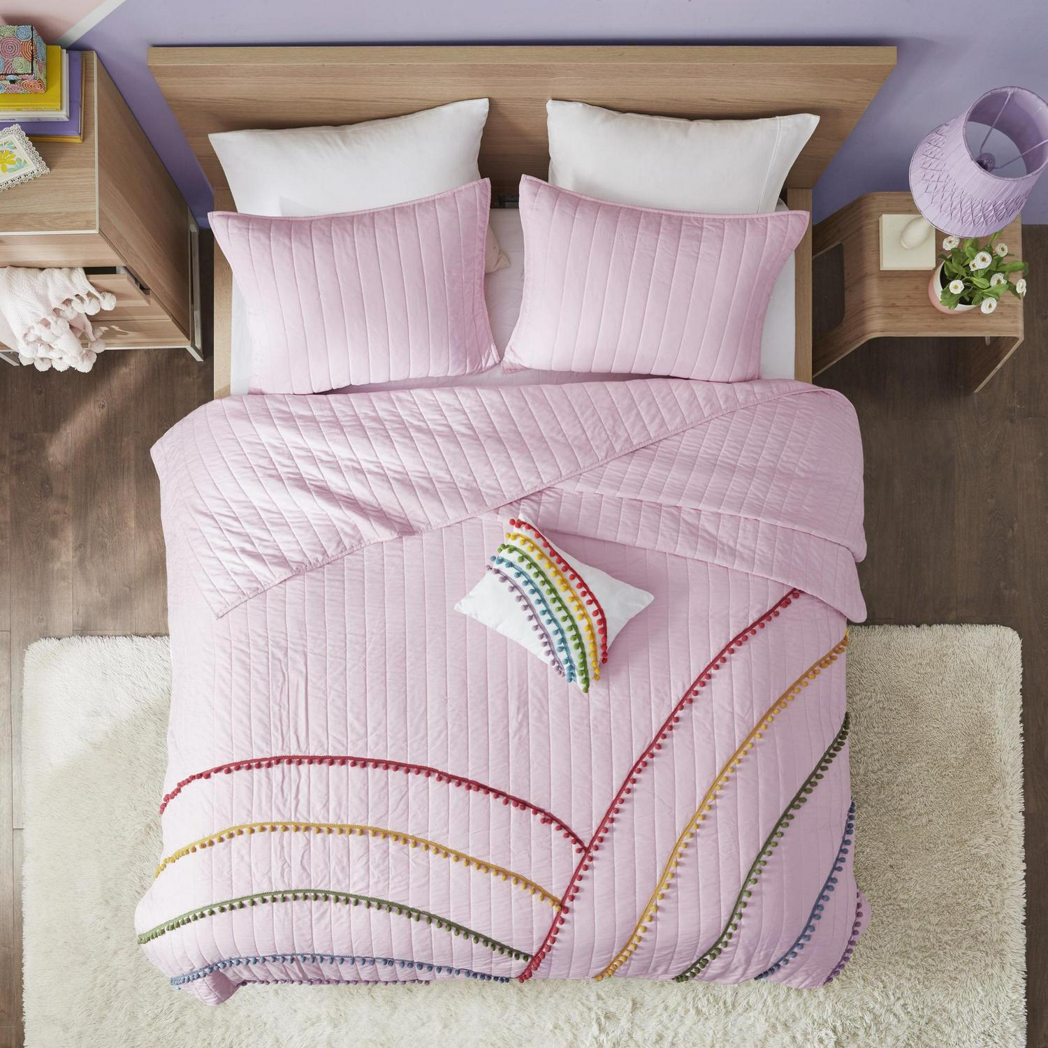 Home Essence Leah Pink Rainbow Cotton Filled Quilted 4 Piece Coverlet Set Full