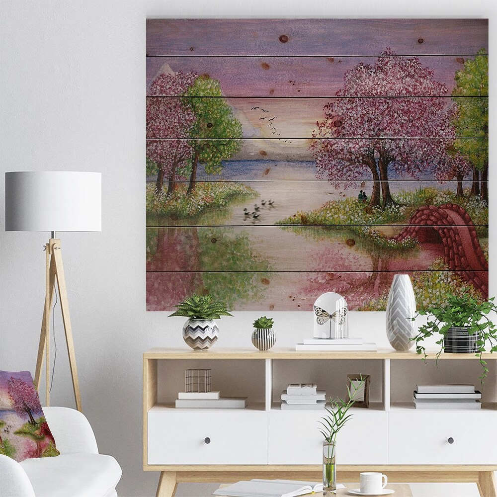 Designart 'Romantic Lake In Pink And Green' Lake House Wood Wall Art Panels   Natural Pine Wood