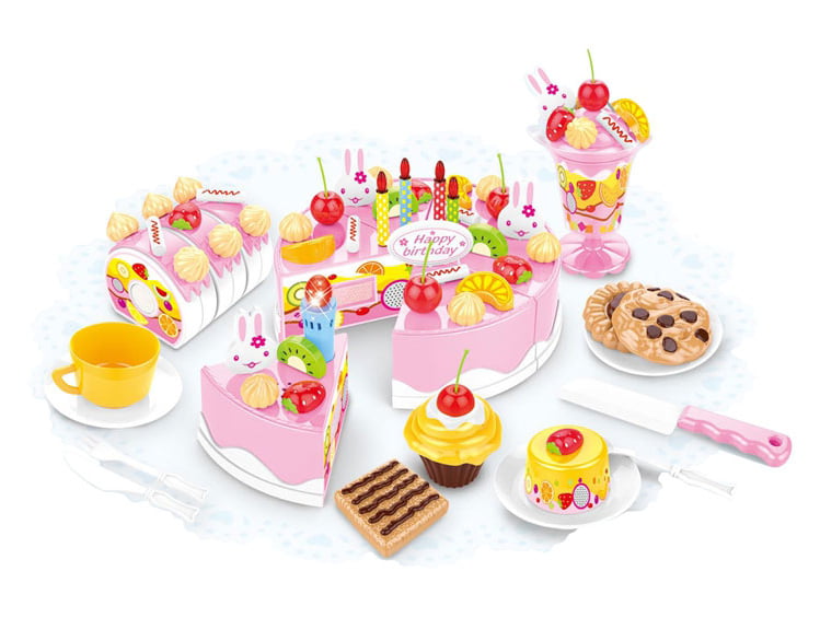 Birthday Cake Toy Play Food Set 75 Pieces Plastic Kitchen Cutting Toy Pretend Play Mundo Toys