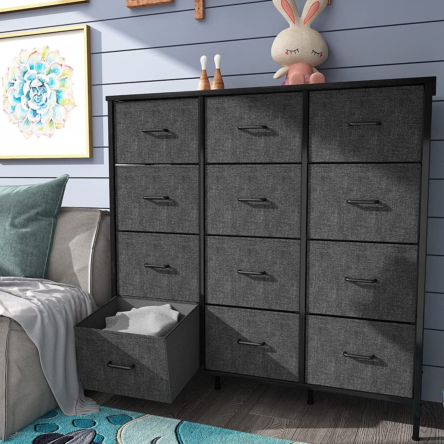 DWVO Fabric Dresser with 12 Drawers - Furniture Storage Tower Unit for Bedroom, Hallway, Closet, Office Organization, End Table Dresser - Steel Frame，Black Grey