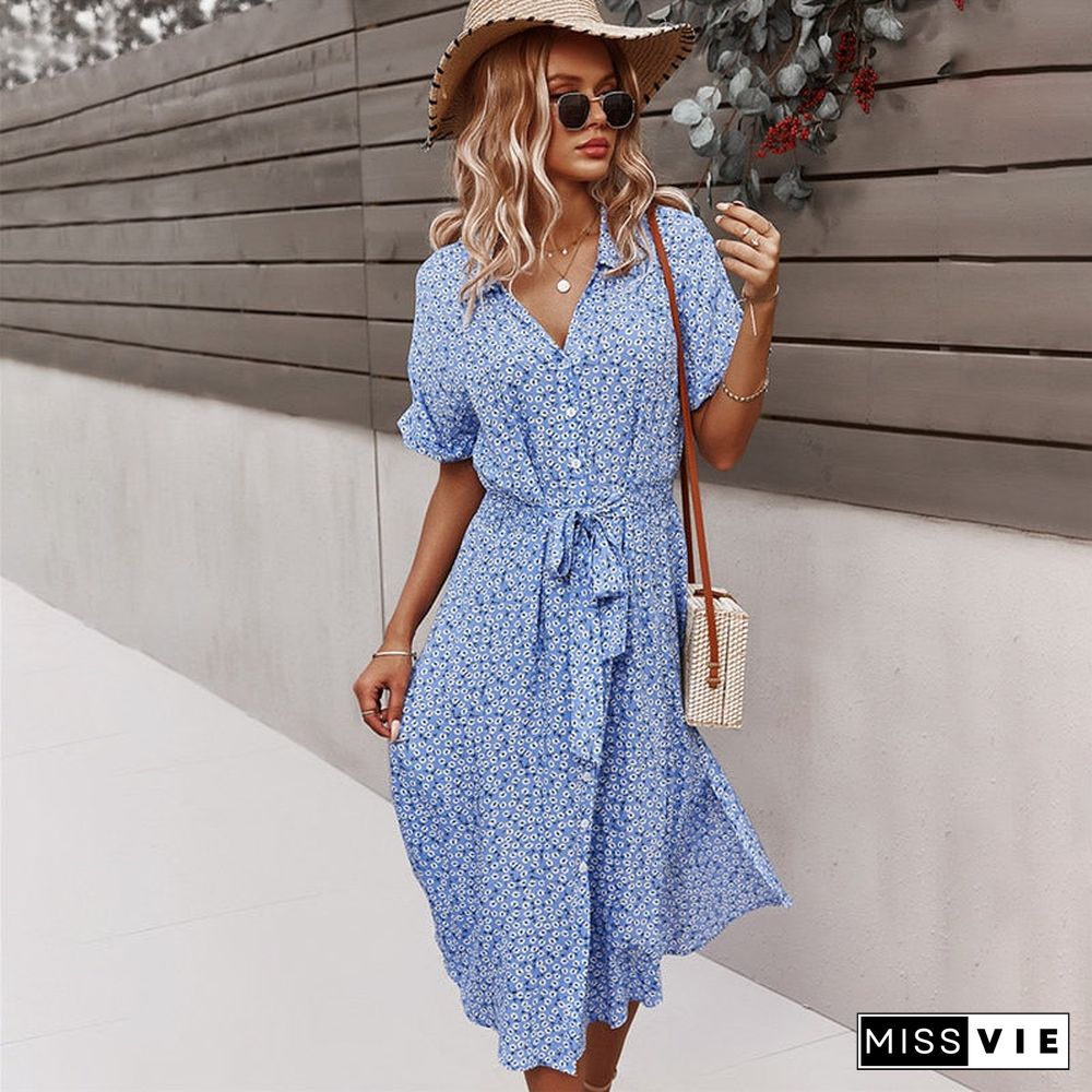 Women Floral Dress Summer Casual Short Sleeve Button Holiday Midi Dresses Female V-Neck Beach Boho Chic Dress Elegant Robe