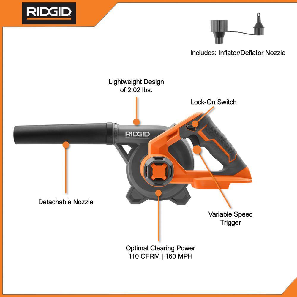 RIDGID 18V Lithium-Ion Cordless Compact Jobsite Blower with InflatorDeflator Nozzle R86043B