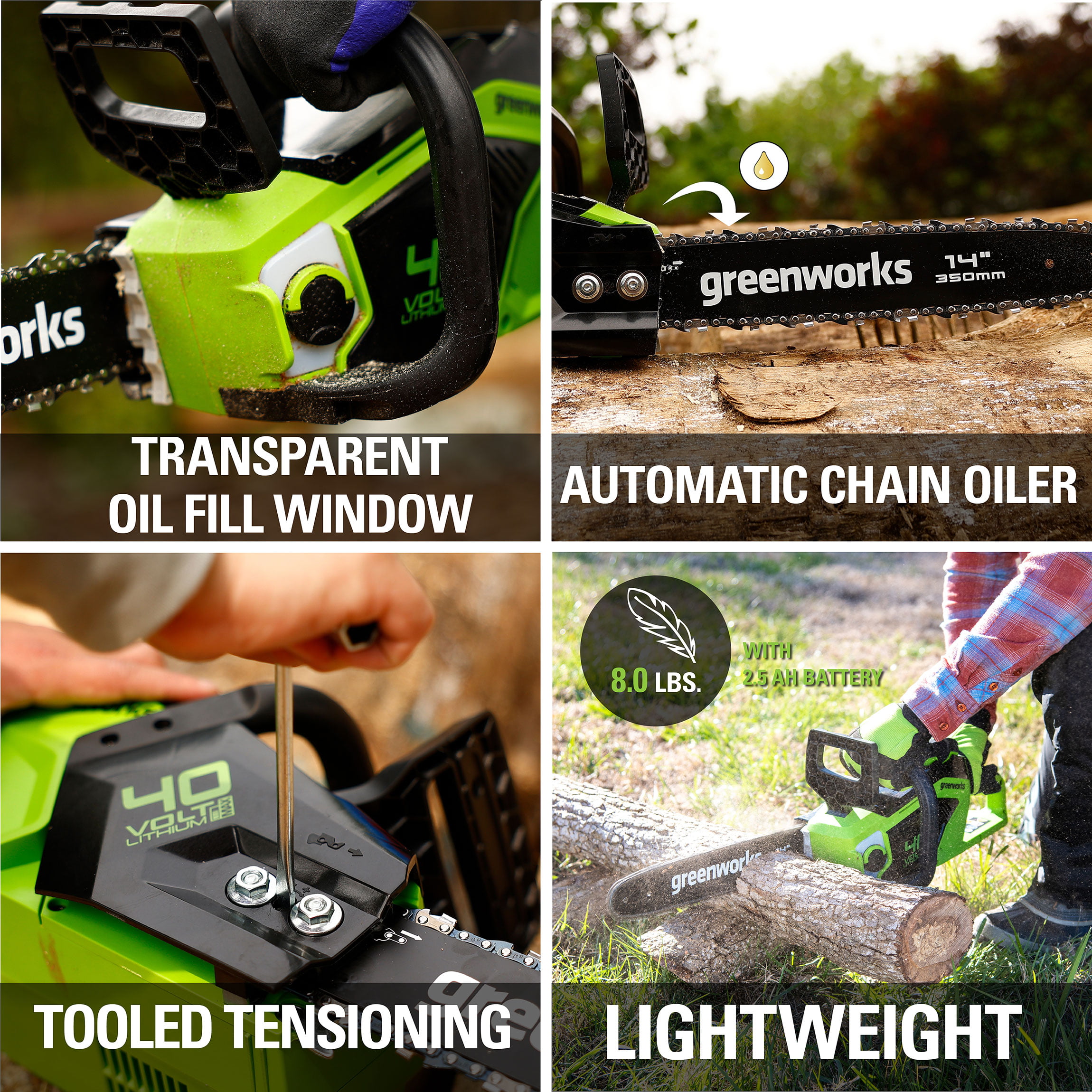 Greenworks 40V 14-inch Brushless Chainsaw With 2.5 Ah Battery and Charger， 2012802