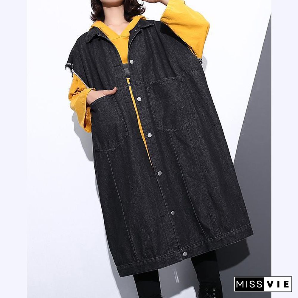 Fashion black coat Loose fitting lapel Coats fine pockets sleeveless coat