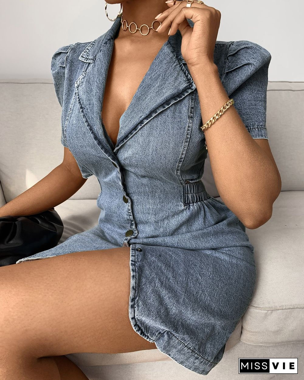 Buttoned Cutout Denim Bodycon Dress