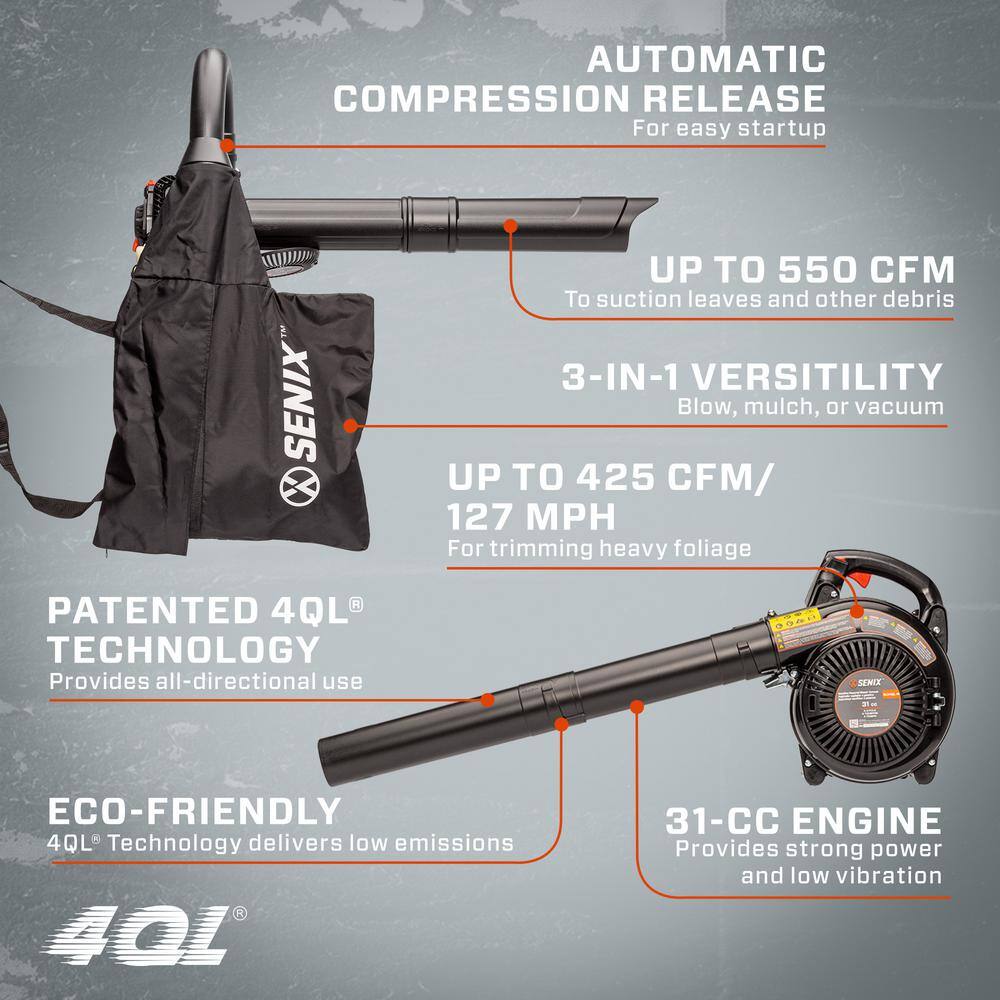 Senix 127 MPH 550 CFM 31 cc Gas 4-Cycle Handheld Leaf BlowerVacuumMulcher BLV4QL-M