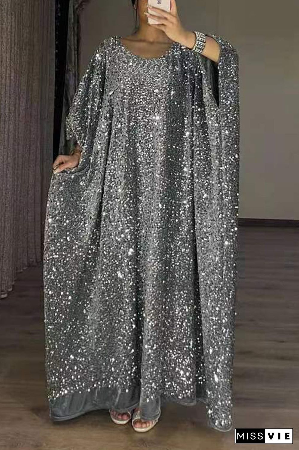 College Solid Sequins Sequined U Neck Long Sleeve Dresses