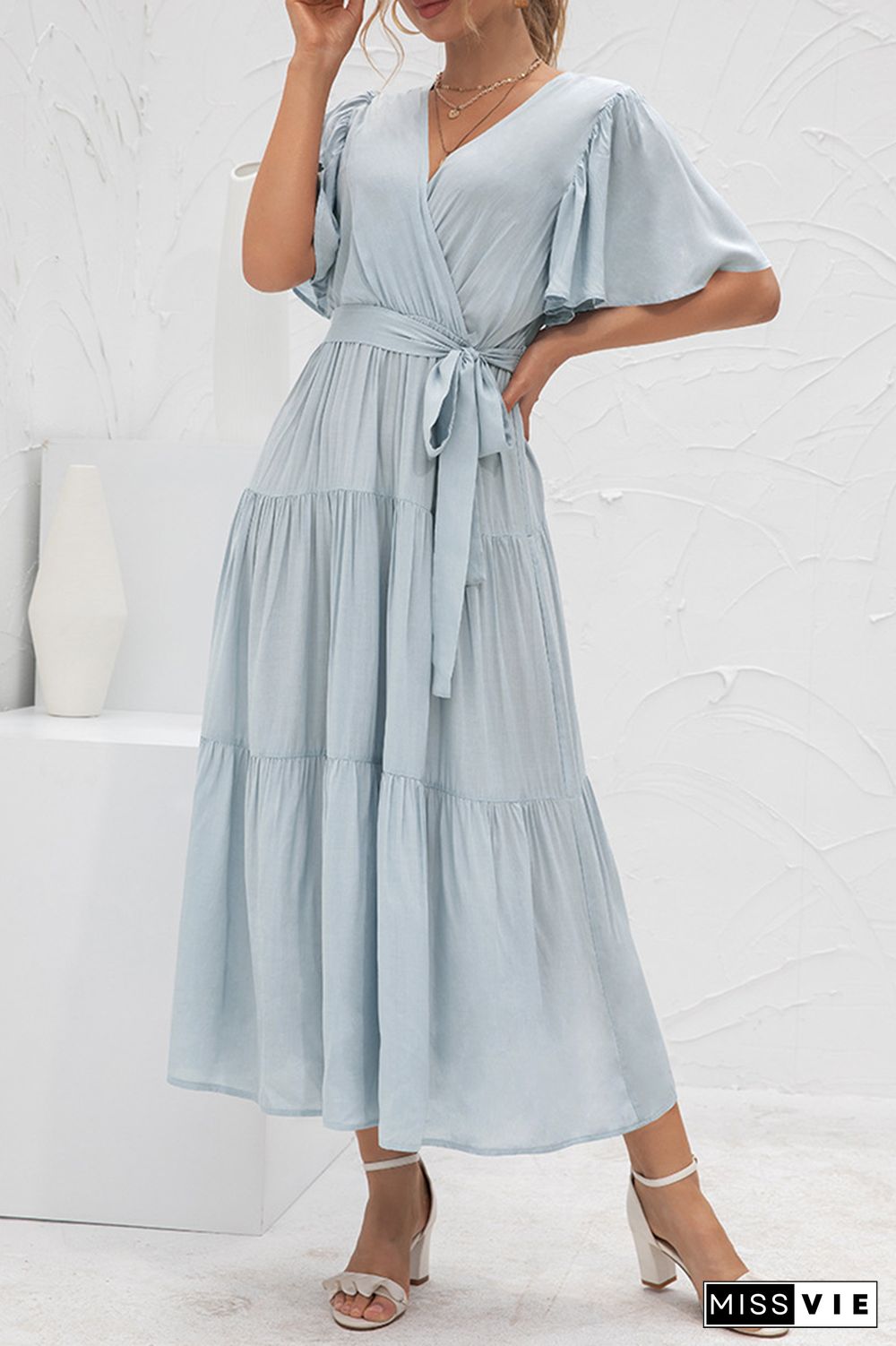 Elegant Solid Split Joint With Belt V Neck Cake Skirt Dresses