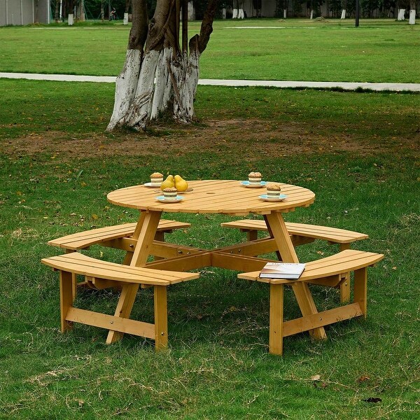 Outdoor round wooden picnic set with umbrella hole (6 persons/8 persons)