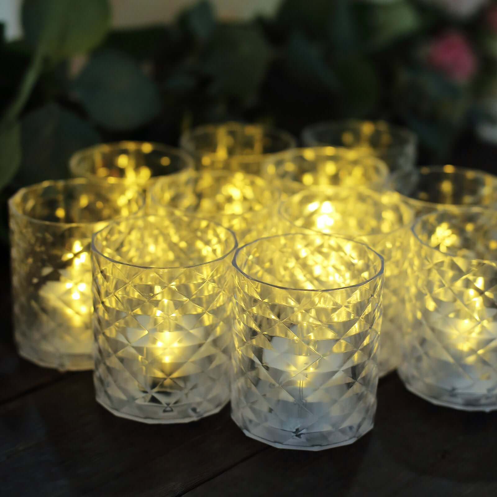 12 Pack Clear Acrylic Diamond LED Tealight Candle Holder Sets, Warm White Battery Operated Whiskey Glass Votive Candle Lamps 3