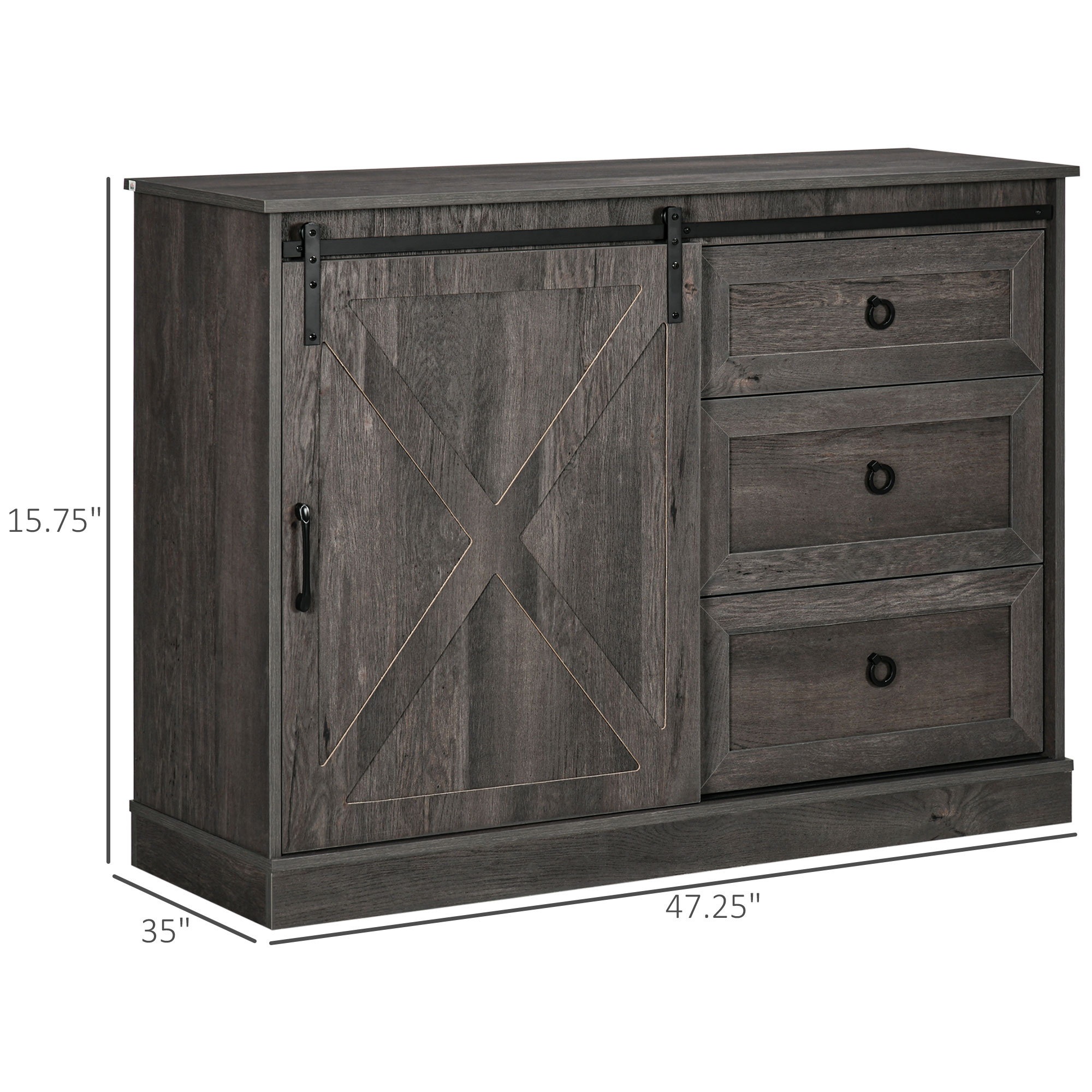 HOMCOM Farmhouse Coffee Bar Cabinet， Kitchen Sideboard， Buffet Cabinet with Sliding Barn Door and 3 Storage Drawers for Living Room， Dark Grey