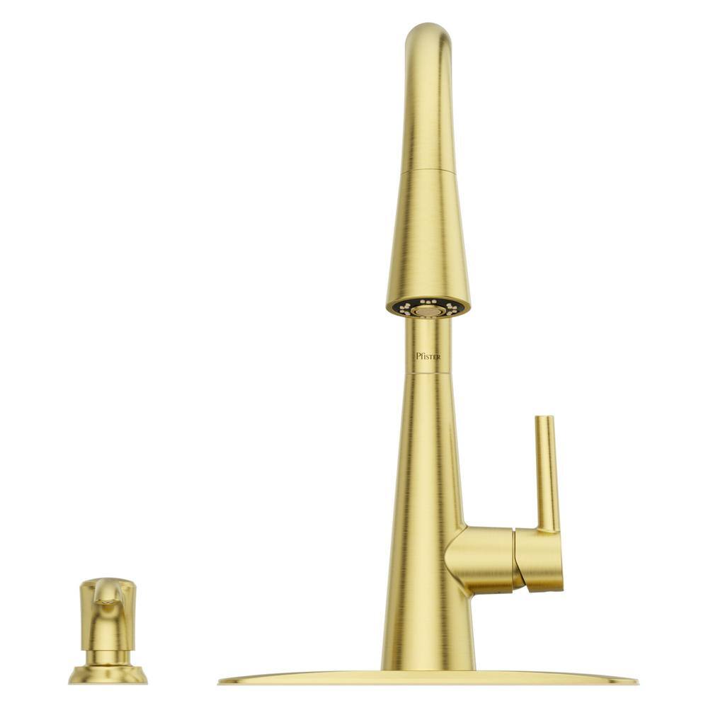 Pfister Barullli Single Handle Pull Down Sprayer Kitchen Faucet with Deckplate Included and Soap Dispenser in Brushed Gold F-529-7BARBG