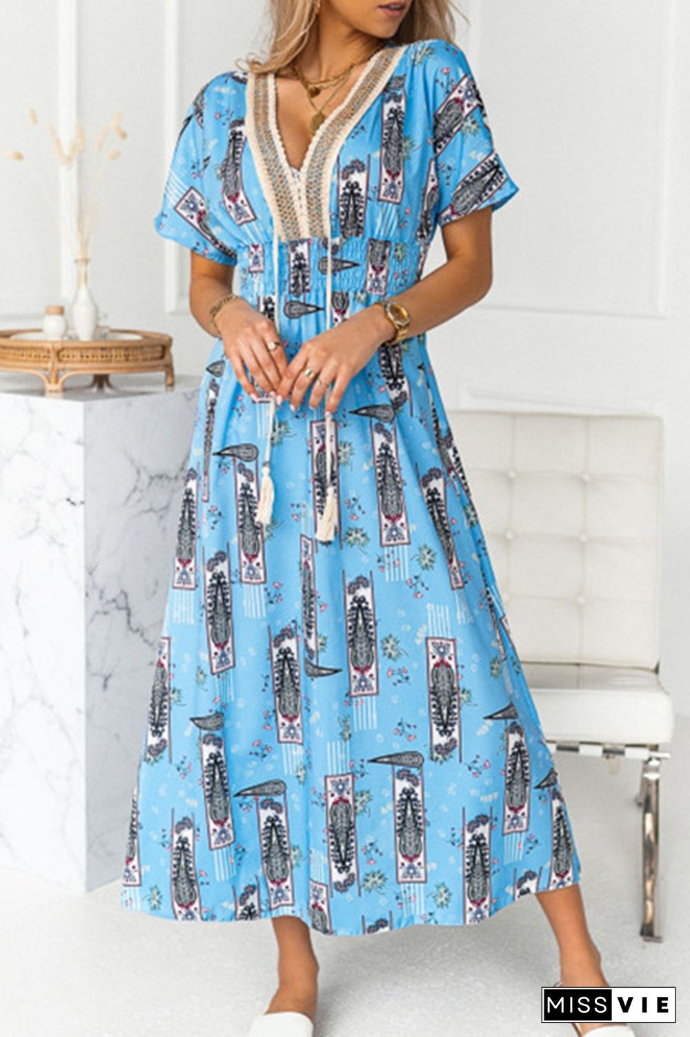 Fashion Elegant Print Tassel Split Joint V Neck A Line Dresses