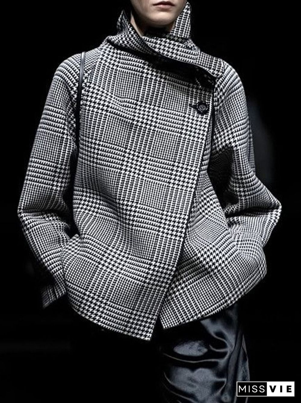 Long Sleeves Loose Asymmetric Houndstooth Plaid Stand Collar Jackets Outerwear