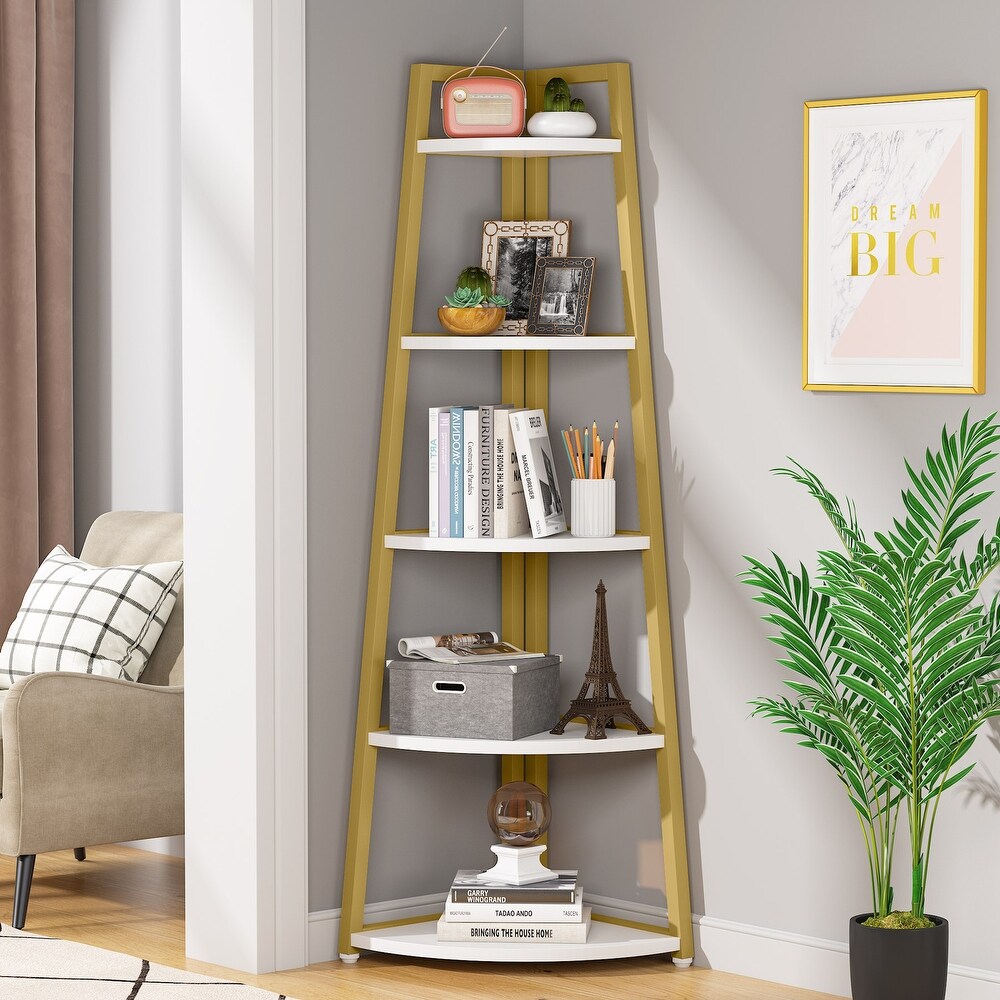 Brown/ Black Corner Ladder Shelf 5 Tier Corner Bookshelf Bookcase  White/ Gold 70 Inch Tall Display Rack for Small Space