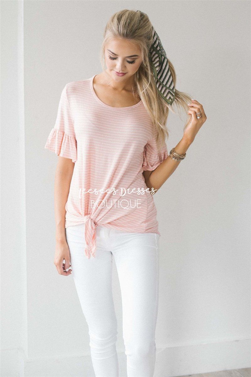 Striped Ruffle Sleeve & Tie Front Top