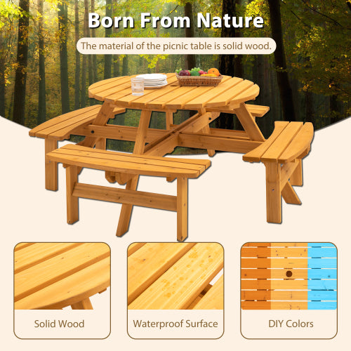 8 Person Wooden Picnic Table， Outdoor Camping Dining Table with Seat， DIY W/4 Built-in Benches， 2220lb Capacity - Natural