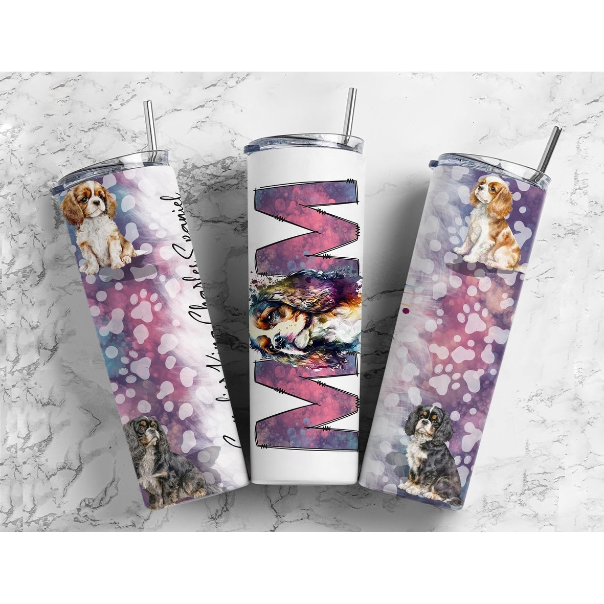 Cavalier King Charle Spaniel Dog Mom 20 Oz Insulated Metal Tumbler w/Lid Straw - Multi