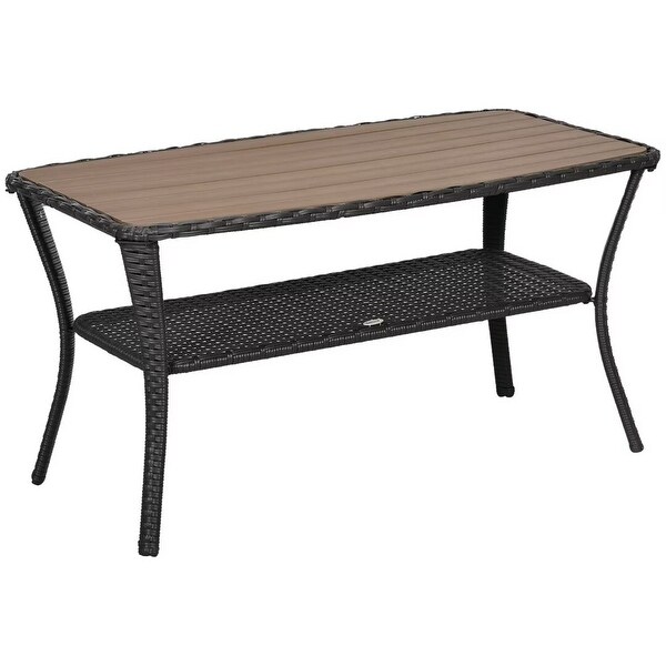 Outdoor PE Rattan Coffee Table with Storage Shelf，HandWoven Wicker