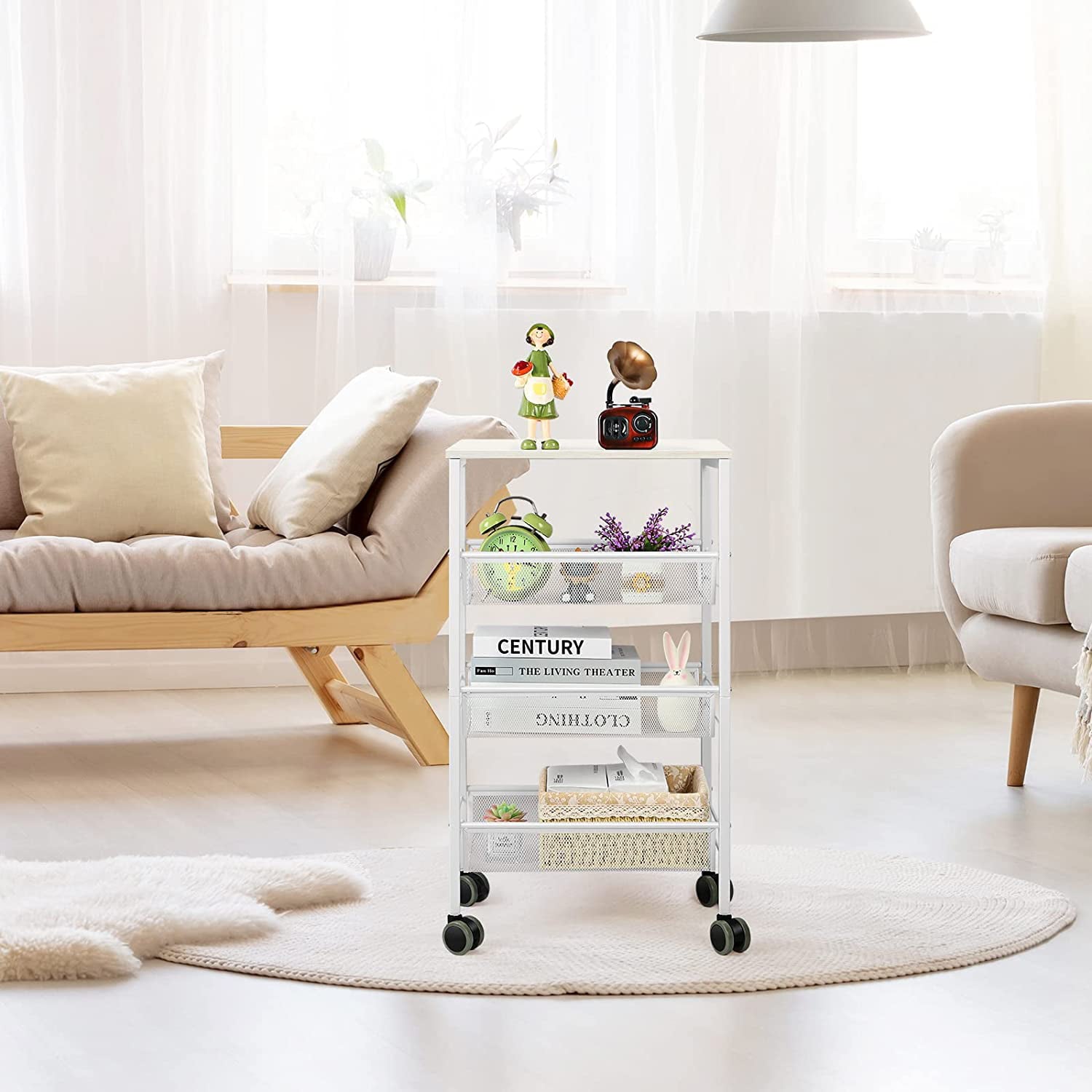 3 Tier Kitchen Storage Rolling Utility Cart with Wood Top， White