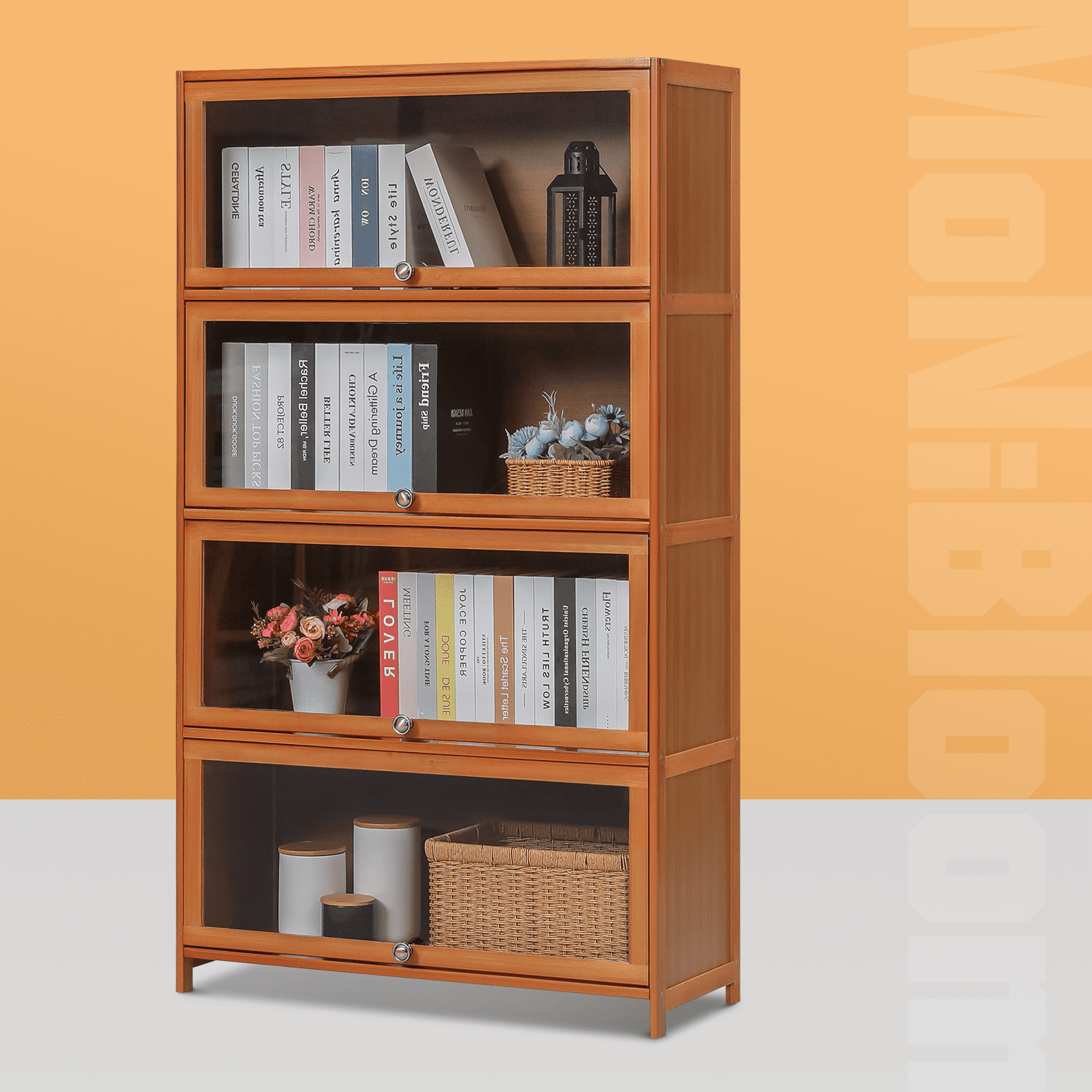 MoNiBloom Bamboo/Acrylic 4 Shelves Bookshelf with Door, Books Toys Storage Bookcase, Brown, for Home