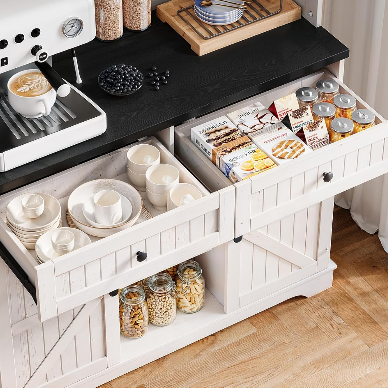 Kitchen Cabinet with Drawers, Wine Rack with Adjustable Shelves , 71 inches.