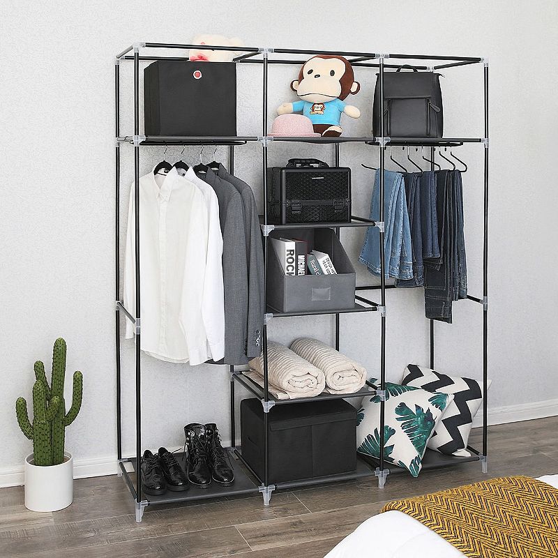 Portable Clothes Closet Non-woven Fabric Wardrobe Double Rod Storage Organizer， Black， 59-inch