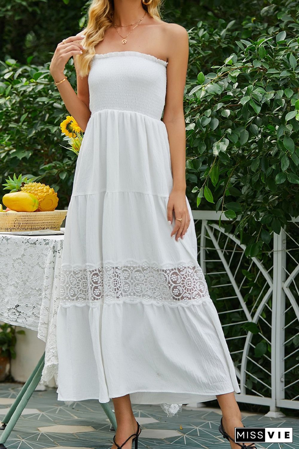 White Smocked Bandeau Lace Hollow Out Maxi Dress